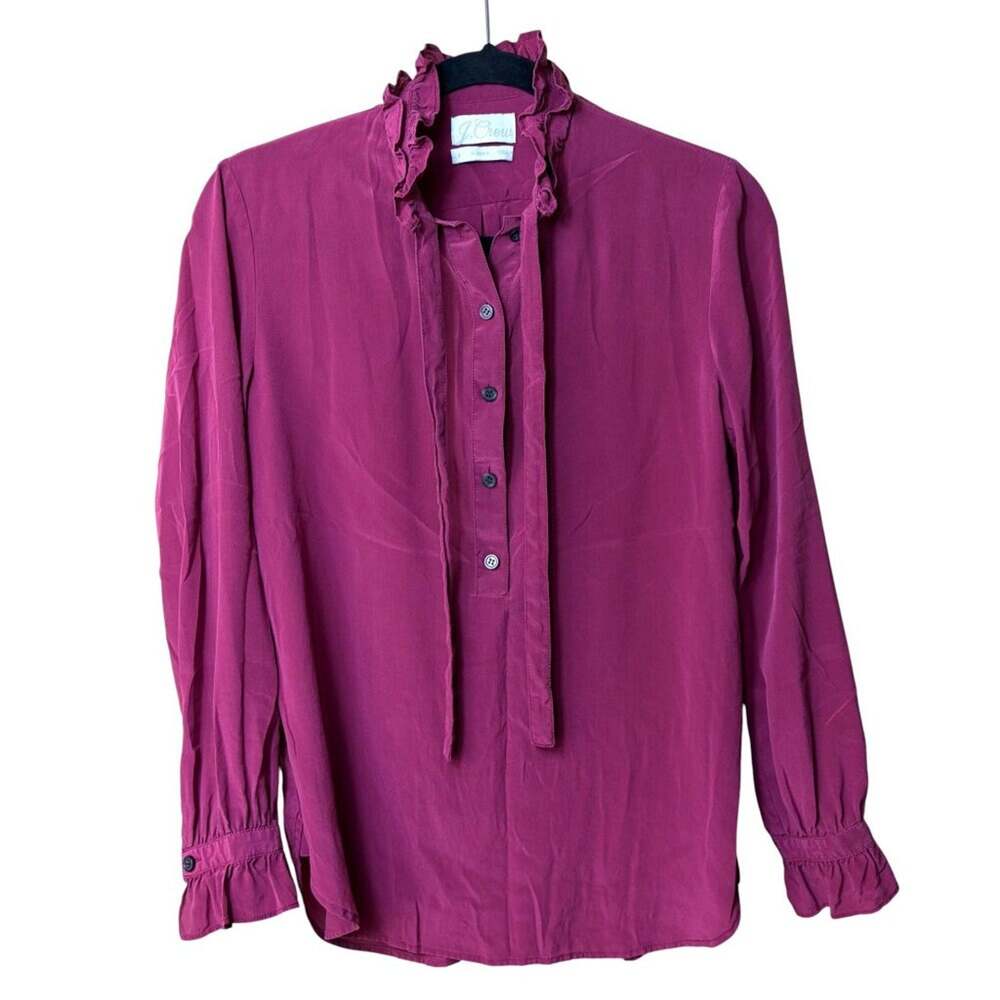 J.Crew Classic-Fit Ruffleneck Silk Popover Shirt (Fresh Raspberry) - Size 2 - Picture 3 of 5